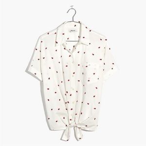 Madewell Embroidered Short-Sleeve Tie-Front Shirt in Fresh Strawberries